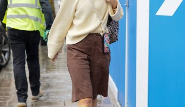 Vogue Williams, 40, braved the wind, rain and cold as she stepped out in a summery outfit in London on Wednesday