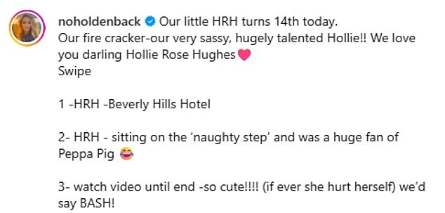 Amanda gushed: 'Our little HRH turns 14th today. Our fire cracker-our very sassy, hugely talented Hollie!! We love you darling Hollie Rose Hughes¿¿'