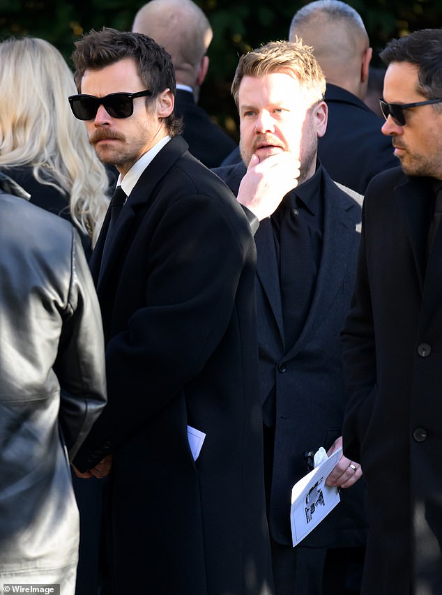 Harry, left, arrived at the service for his former bandmate alongside TV presenter James Corden