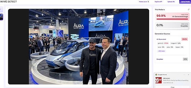 The new husband of Katie Price boasts of rubbing shoulders with Elon Musk (pictured). But the Daily Mail can reveal many of his claims seem artificial and photos are AI generated