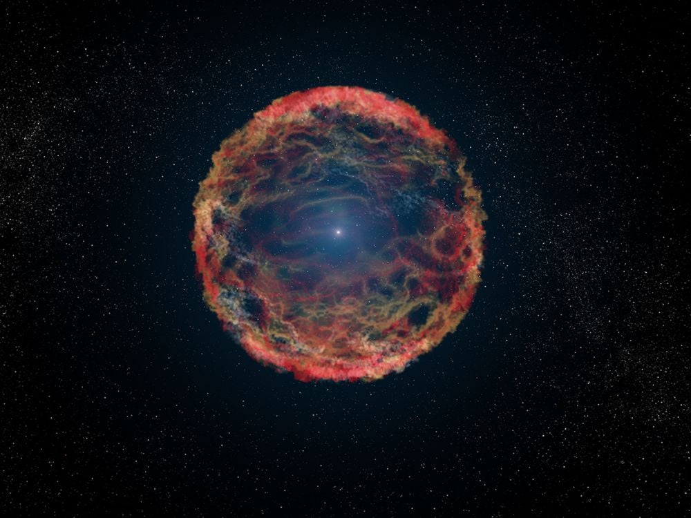 This artist's illustration shows supernova 1993J, an exploding star in the galaxy M81 whose light reached us 21 years ago. While we've seen supernova like this one exploding in other galaxies, it's been almost 1,000 years since astronomers have observed a Type II core-collapse supernova in the Milky Way. The Vera Rubin Observatory will change that. Image Credit: NASA, ESA, and G. Bacon (STScI)