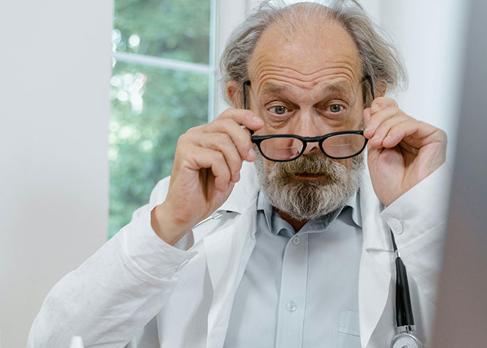 Older male doctor with gray hair and beard, wearing a white coat, adjusting glasses with a stethoscope around his neck.