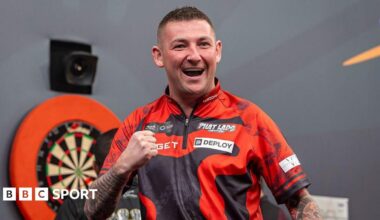 Nathan Aspinall celebrates at the Saudi Arabia Darts Masters
