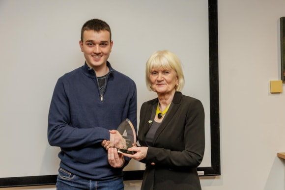 Minister of State at the Department of Further and Higher Education, Research, Innovation and Science, Marian Harkin TD, presenting the award to Kenneth Mulrooney, from Carrowhubbuck North, Enniscrone, Co. Sligo at ATU Sligo. 