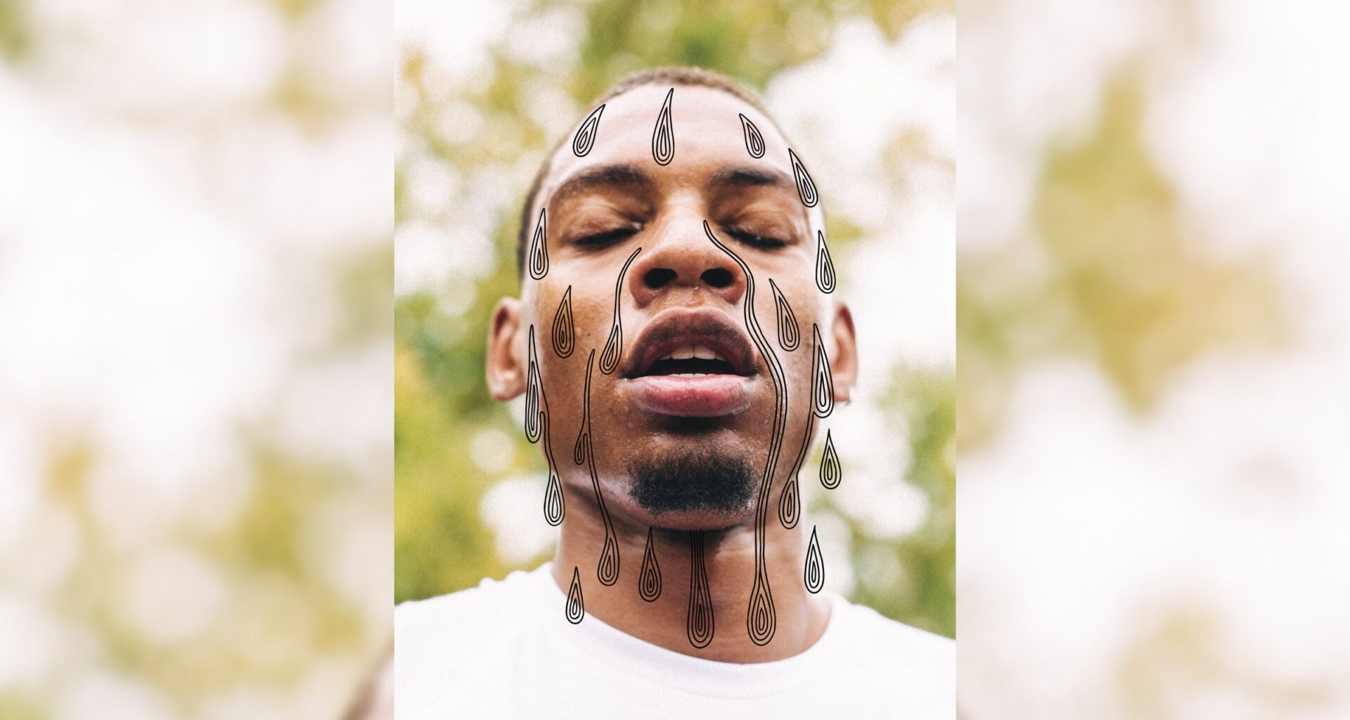 Athlete's face with illustrated sweat dripping down.