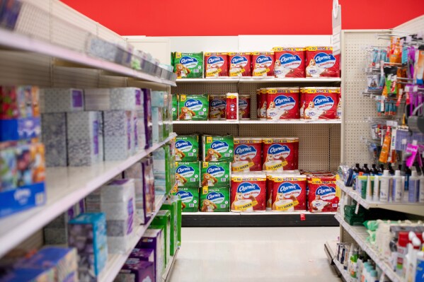Toilet paper sits on shelves at Target in Alexandria, Va., Jan. 4, 2026. (AP Photo/Michael Phillis)