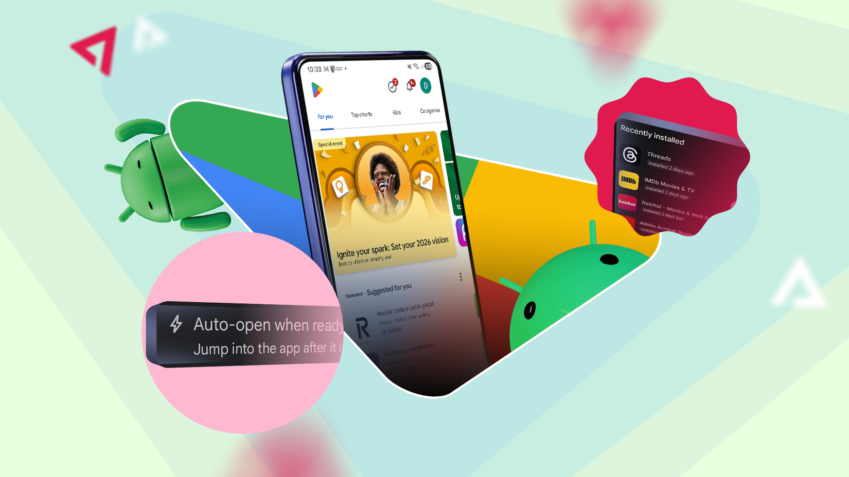 Collage featuring a smartphone running the Google Play Store, surrounded by Android mascots and pop-ups highlighting 'Auto-open when ready' and 'Recently installed' features.