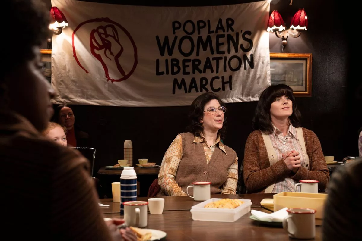 Call the Midwife's Maxine looking animated at a Women's Liberation Movement
