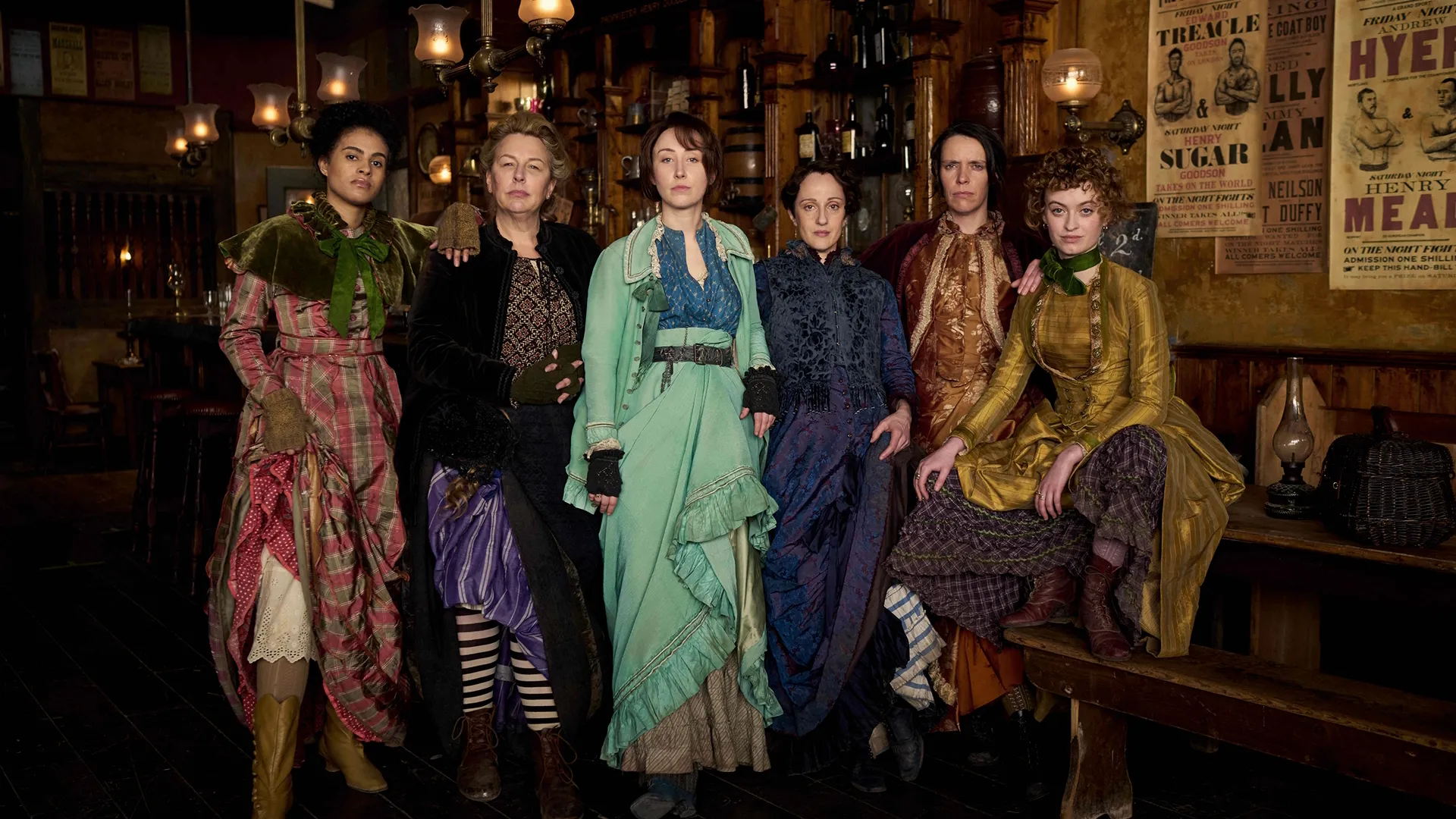 This image captures a scene from the Disney+ and Hulu series A Thousand Blows, featuring the all-female Forty Elephants gang of thieves. 