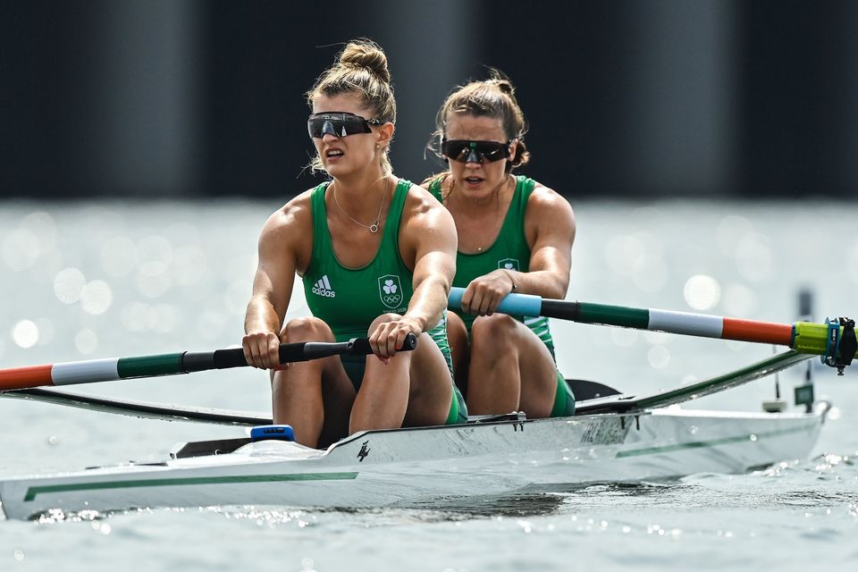 Monika Dukarska (left) and Aileen Crowley after finishing in fifth place during the Women's Pair final B at the Tokyo Olympics in 2021. Photo: Brendan Moran/Sportsfile