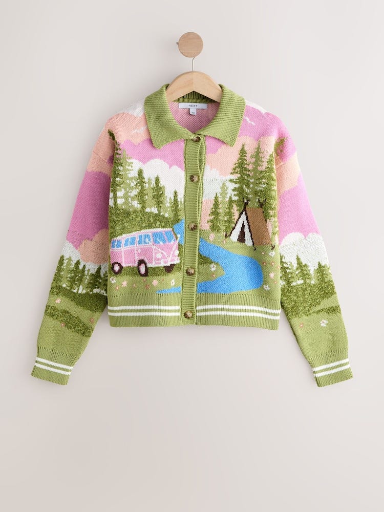 Multi Bright Camper Scene Landscape Collar Cardigan
