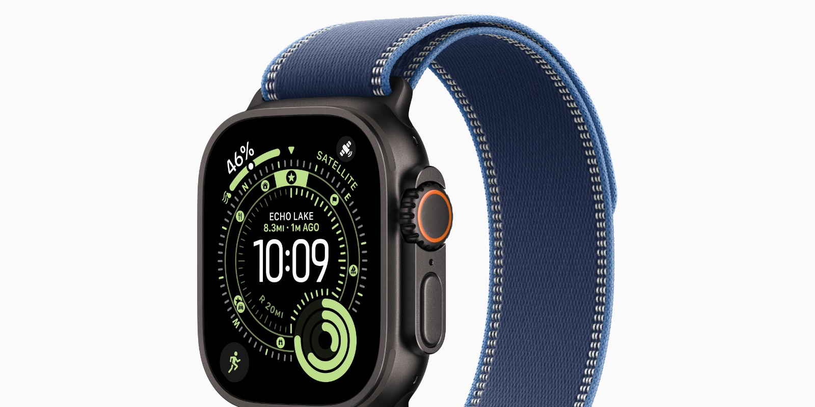 A smart watch with a blue strap
