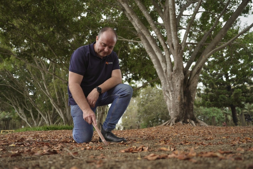 a man looking down at the ground