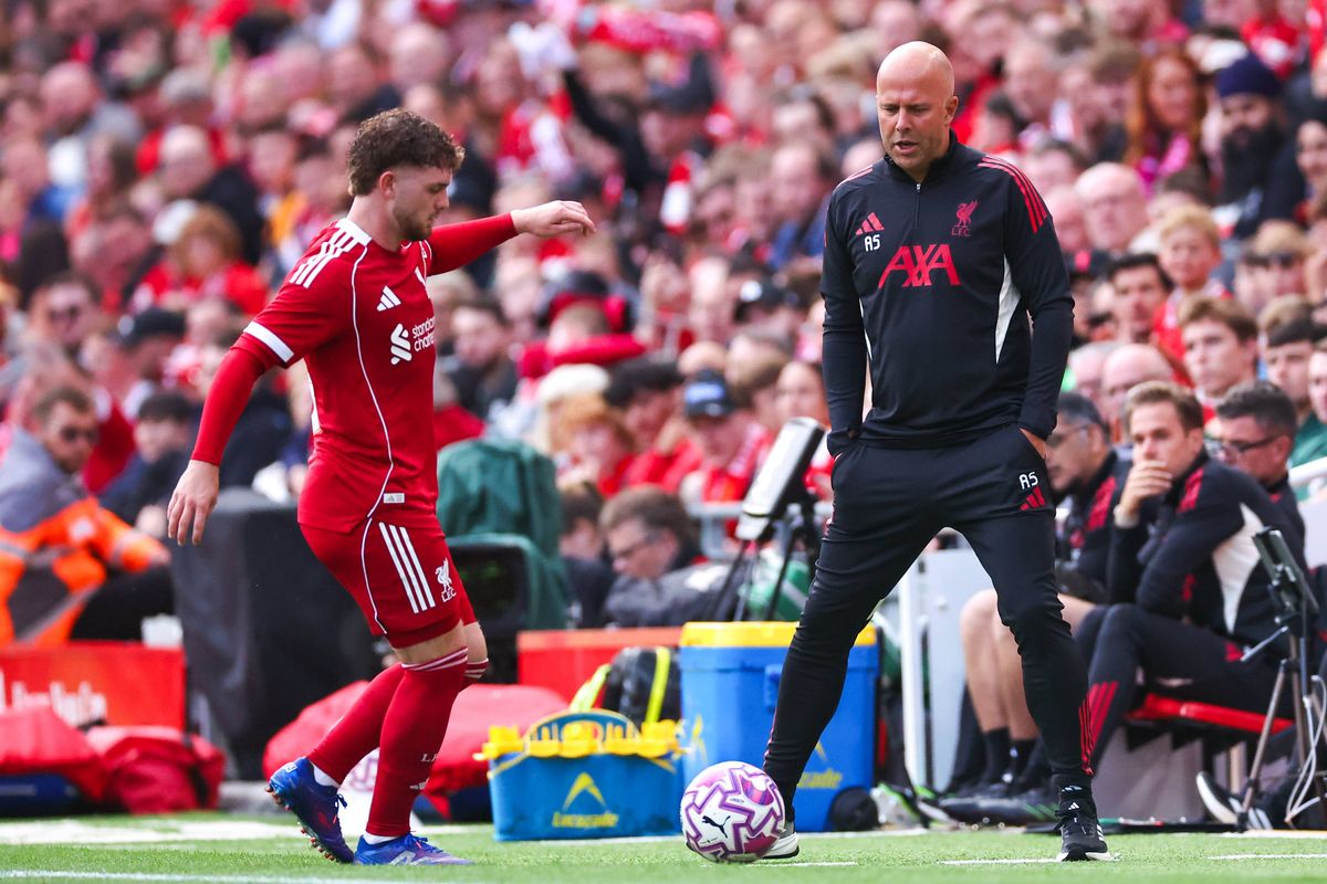 LIVERPOOL, ENGLAND - AUGUST 4: Arne Slot manager / head coach of Liverpool during the pre-season friendly match between Liverpool v Athletic Club Bilbao at Anfield on August 4, 2025 in Liverpool, England. (Photo by Robbie Jay Barratt - AMA/Getty Images)