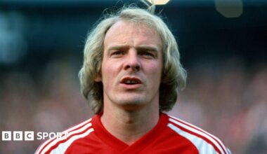 Terry Yorath wearing a red Wales matchday shirt