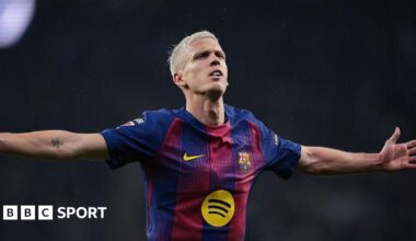 Dani Olmo celebrates scoring for Barcelona