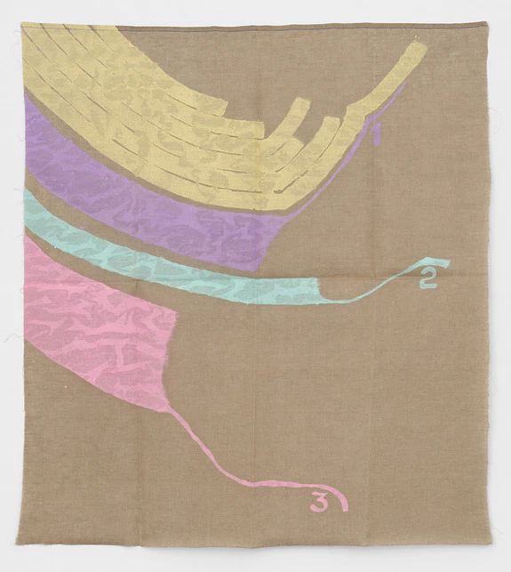 Abstract art piece with layered pastel shapes and numbers 1, 2, 3 on a beige background.