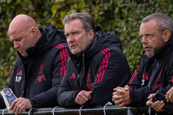 KIRKBY, ENGLAND - Saturday, September 13, 2025: Liverpool's Under-21's manager Robert Page (L), Academy Director Alex Inglethorpe (C) and Jay Spearing during the U18 Premier League match between Liverpool FC Under-18's and Newcastle United FC Under-18's at the Liverpool Academy. Newcastle won 4-3. (Photo by David Rawcliffe/Propaganda)