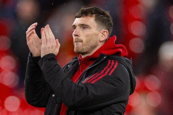 LIVERPOOL, ENGLAND - Wednesday, October 29, 2025: Liverpool's Andy Robertson applauds the supporters after the Football League Cup 4th Round match between Liverpool FC and Crystal Palace FC at Anfield. Palace won 3-0. (Photo by David Rawcliffe/Propaganda)
