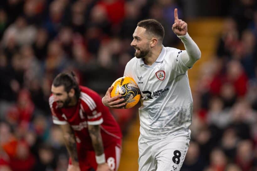LIVERPOOL, ENGLAND - Monday, January 12, 2026: Barnsley's Adam Phillips celebrates after scoring his side's only goal during the FA Cup 3rd Round match between Liverpool FC and Barnsley FC at Anfield. Liverpool won 4-1. (Photo by David Rawcliffe/Propaganda)
