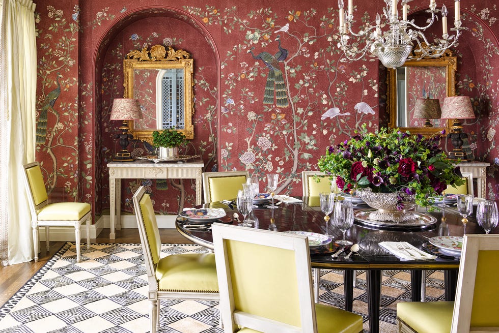 Bromley Samora St Louis Home Tour dining room bromley samora st louis home tour dining room aubergine mural wallcovering chartruese leather dining chairs