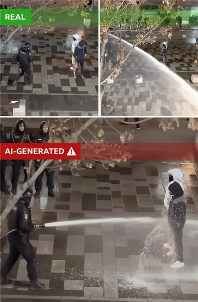 Two frames from the real footage show the water cannon firing at protesters with the bottom panel showing the AI-manipulated image of a police officer spraying two men with a hose
