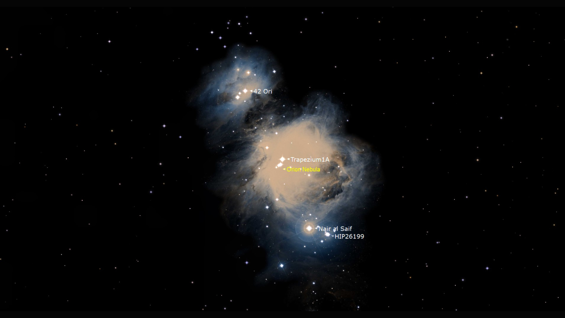 A close up of the Orion constellation in space with a series of lighter areas showing the Orion nebula