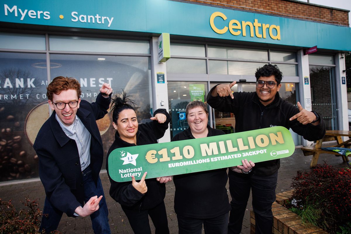 27 January 2026; Staff at the Centra Store, Coolock Lane, Santry, Dublin 9 from left to right are Sarah Flynn, Charlotte McCullough, assistant manager and Anthony Jobin were thrilled to hear that their store sold the winning Euromillions Match 5 ticket which saw one player win €31,075 euro with National Lottery’s Darragh O’Dwyer. Tonights Euromillion jackpot is an estimated 110 million. Photograph by Damien Eagers / Julien Behal Photography **NO REPRO FEE**