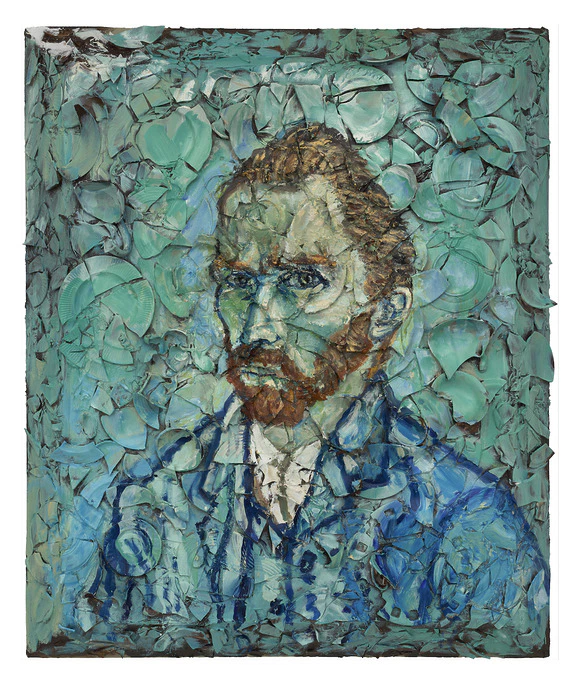 Abstract portrait painting of a bearded man with expressive brushstrokes and a textured, blue-green background.