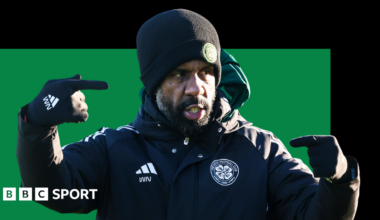 Wilfried Nancy graphic showing Celtic manager in club winter jacket with club badge, against a green and black background. Nancy is also wearing gloves and a black hat.