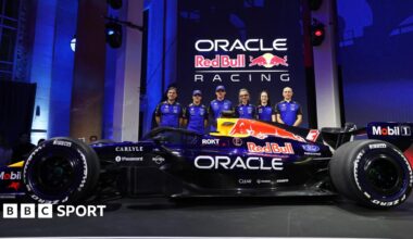Left to right: Red Bull technical director Pierre Wache, drivers Isack Hadjar and Max Verstappen, team principal Laurent Mekies, F1 Acadmey driver Alisha Palmowsk and technical operations director Phillip Prew pose with a show car in Red Bull''s new livery