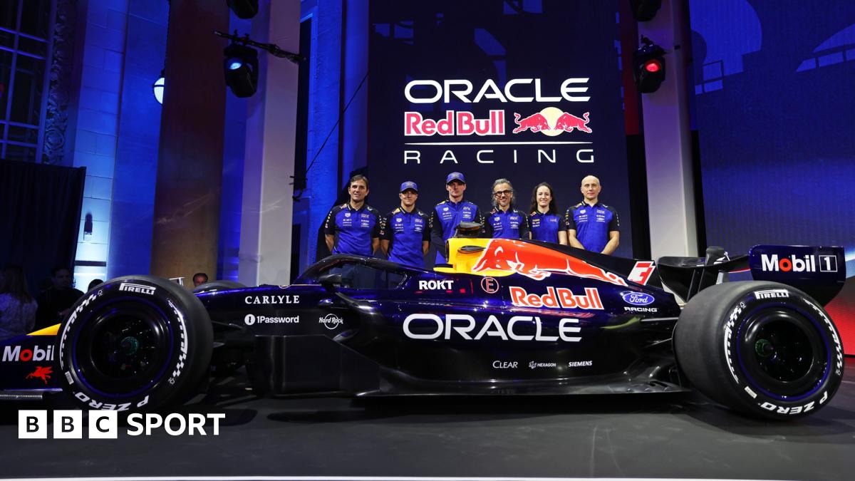 Left to right: Red Bull technical director Pierre Wache, drivers Isack Hadjar and Max Verstappen, team principal Laurent Mekies, F1 Acadmey driver Alisha Palmowsk and technical operations director Phillip Prew pose with a show car in Red Bull''s new livery