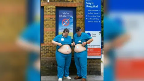 Facebook A screen grab of a promotional video showing two doctors in scrubs, outside Guy's hospital placing weight loss patches on their stomachs 