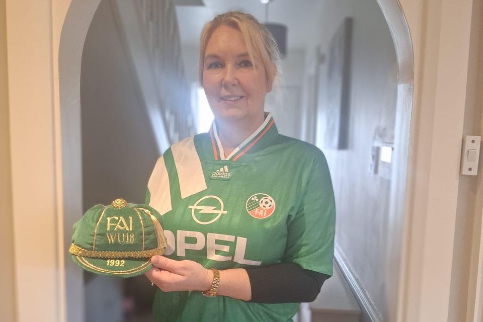 Listowel's Breda Slemon pictured with her long-awaited Irish international cap which she received last week, 34 years after she played for Ireland against Australia in Tolka Park.