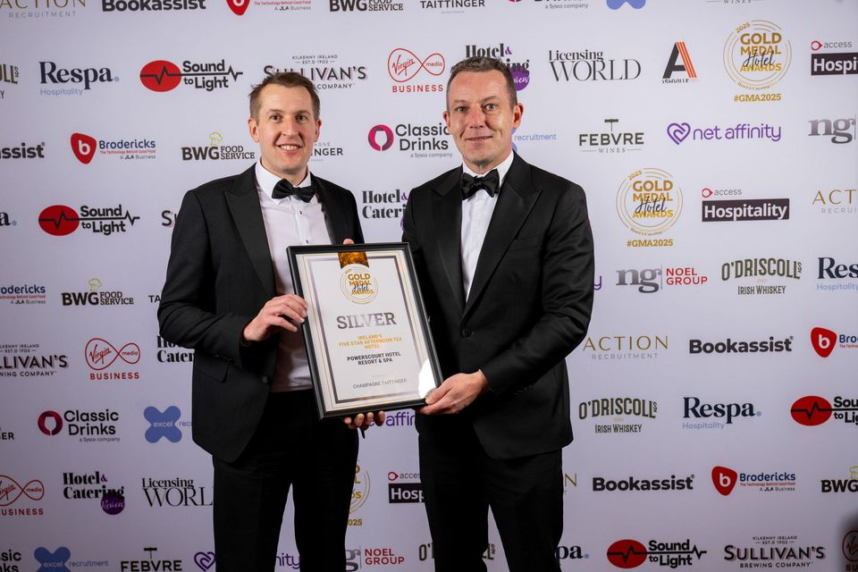 Representatives the Powerscourt Hotel Resort & Spa celebrate their Silver medal in the Ireland’s Five Star Afternoon Tea Hotel category at the 36th Gold Medal Awards. Photo: Paul Sherwood