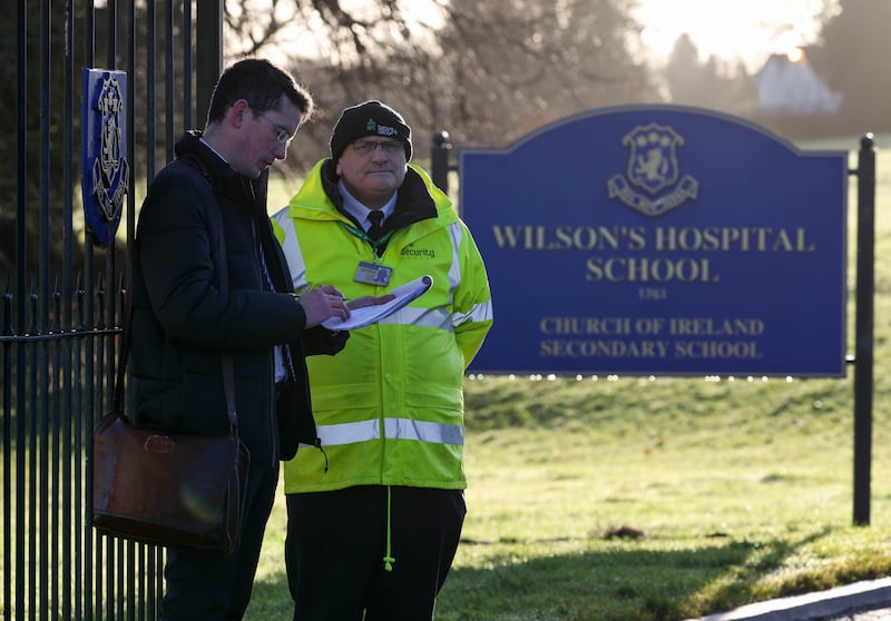 Enoch Burke at the front gates of the school on Thursday. Photograph: Colin Keegan/Collins