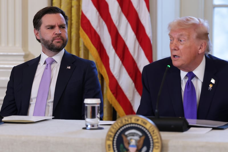 US vice-president JD Vance and US president Donald Trump during a meeting with oil and gas executives at the White House. Photograph: Alex Wong/Getty