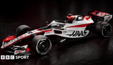 A graphic image of the 2026 Haas VF26 F1 car