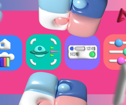 3D illustration of four Samsung Good Lock app icons—Home Up, Nice Shot, NotiStar, and Sound Assistant—arranged horizontally on a pink background with floating abstract shapes.