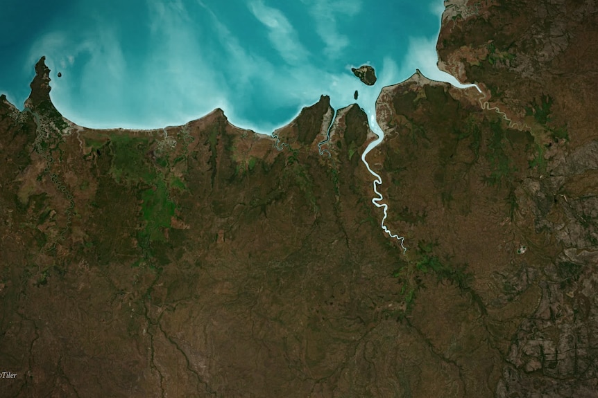 A map shows Kakadu from above, including waterways that bring ocean water inland.