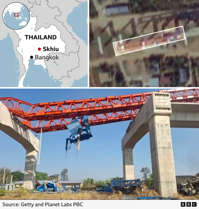 A BBC graphic showing (from top left) the location of the crash on a map of Thailand; satellite imagery of the red structure and work on the overpass; an agency pic of the aftermath