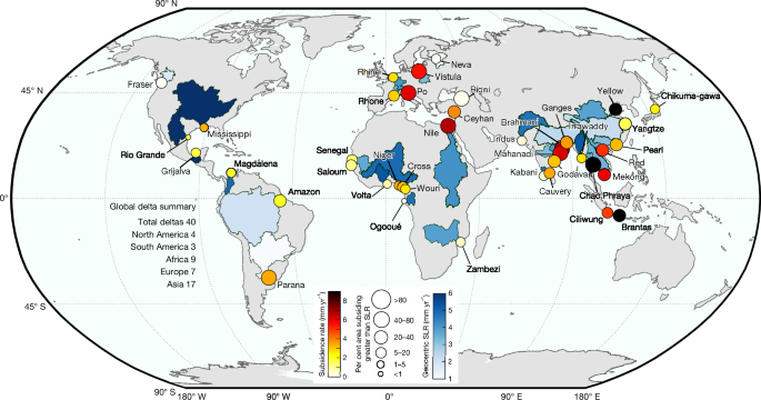 Global subsidence of river deltas