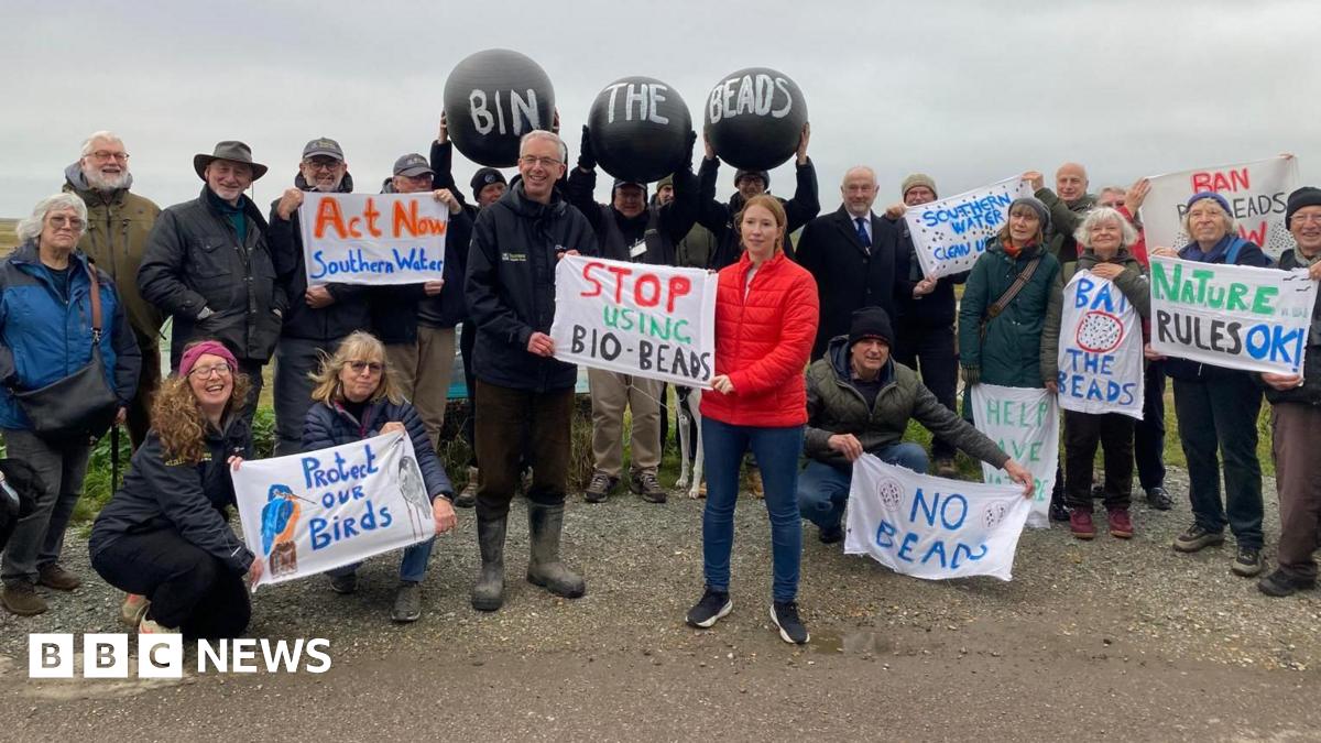 A group of people on a beach with banners opposing the use of biobeeds