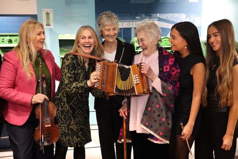 Catherine Connolly with (from left) Mairéad Ní Mhaonaigh, Sharon Shannon, Peggy Seeger, and Sibéal and Róisín Ní Chasaide at the launch of the programme for TradFest 2026. Photograph: Dara Mac Dónaill