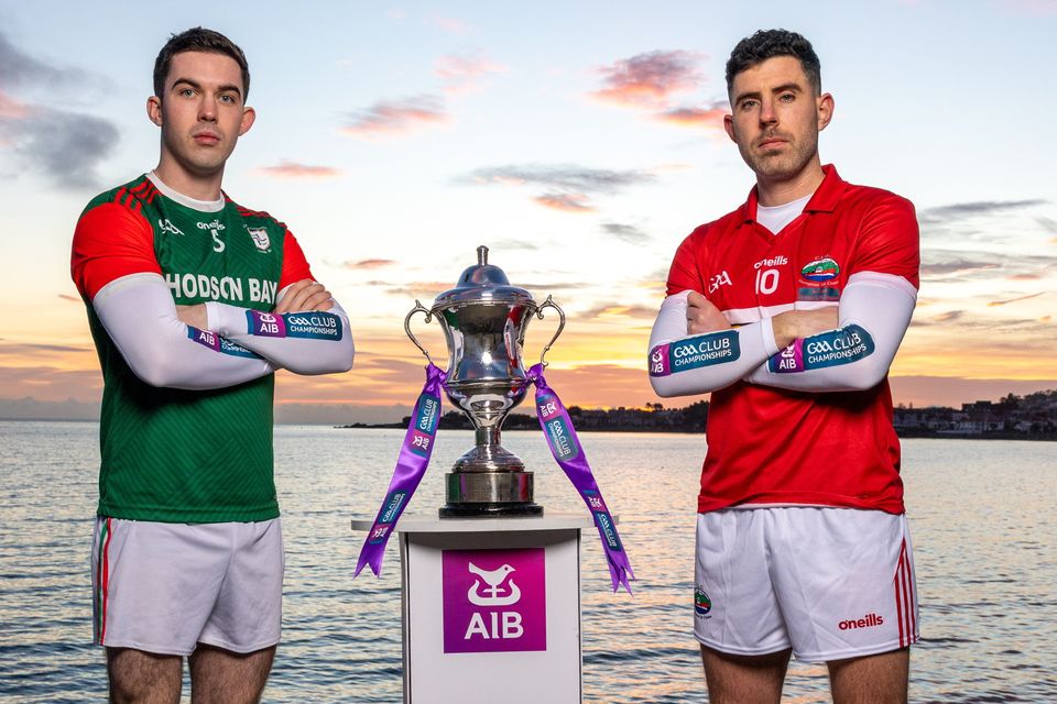 AIB ambassadors Michael Geaney, from Dingle, and Ruaidhrí Fallon, St Brigid’s, ahead of the All-Ireland Club Senior Football Championship final on Sunday in Croke Park. Photo: INPHO