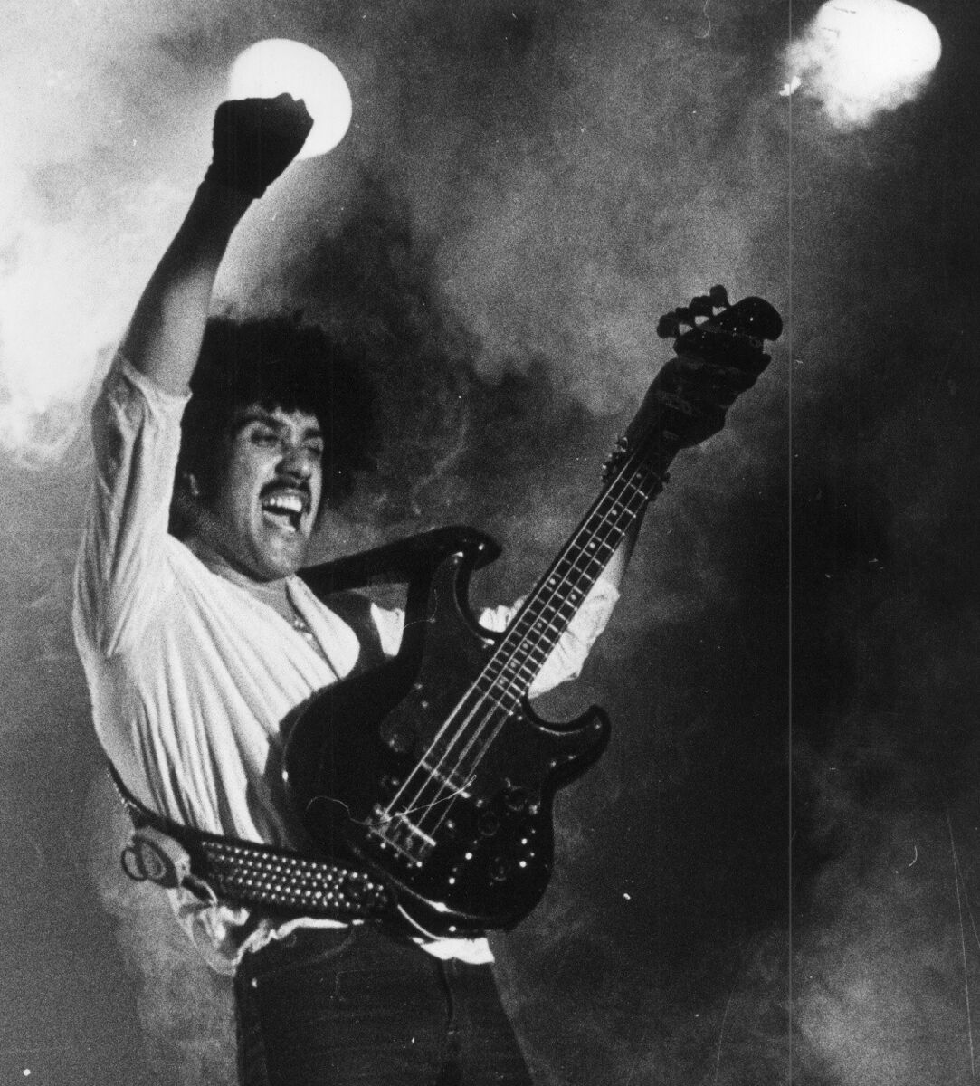 Phil Lynott in action at Cork City Hall on his final concert tour with Thin Lizzy in April 1983. Picture: Irish Examiner Archive/Eddie O'Hare