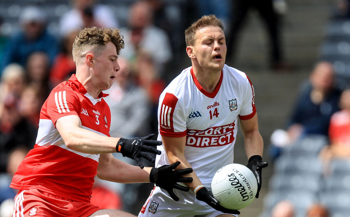 Cork's Steven Sherlock with Eoghan McEvoy of Derry in 2023. Picture: INPHO/Evan Treacy