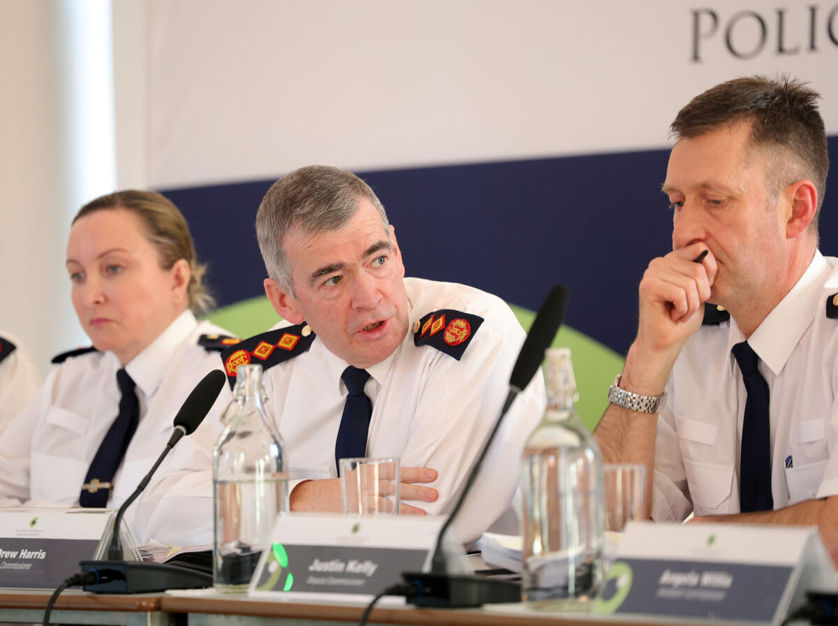 Deputy Commissioner Shawna Coxon, outgoing commissioner Drew Harris, and incoming Garda Commissioner Justin Kelly at a meeting of the Policing Authority last year when Mr Harris warned about the affect porn can have on young men. Picture: Leah Farrell/RollingNews