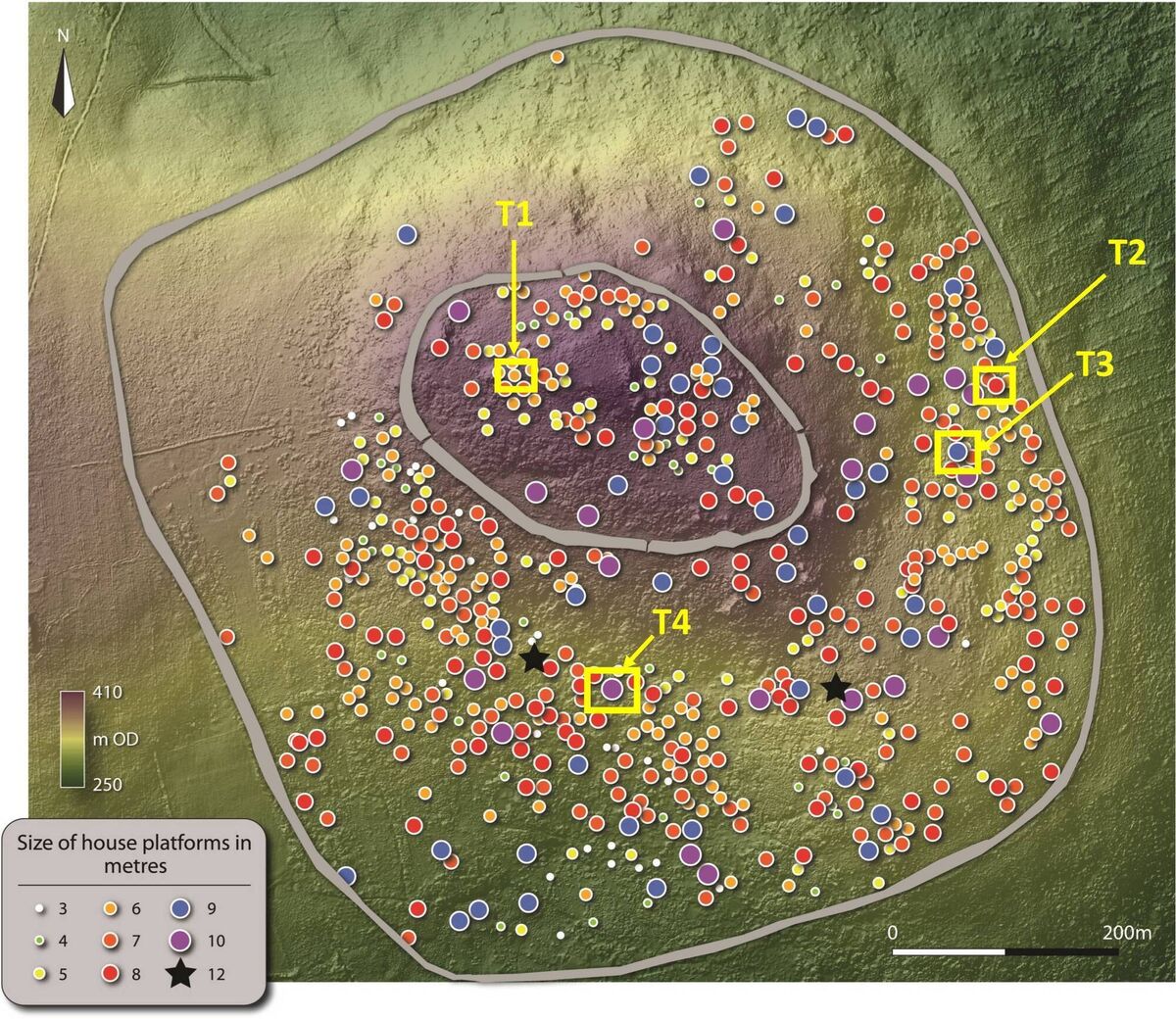 A Photogrammetry map of the location of roundhouse footprints at Brusselstown Ring. The Queen’s University Belfast study proposes the site, in the Wicklow mountains as Ireland’s earliest proto-town, predating by two millennia the Viking towns that have so far been considered the island’s earliest urban settlements.