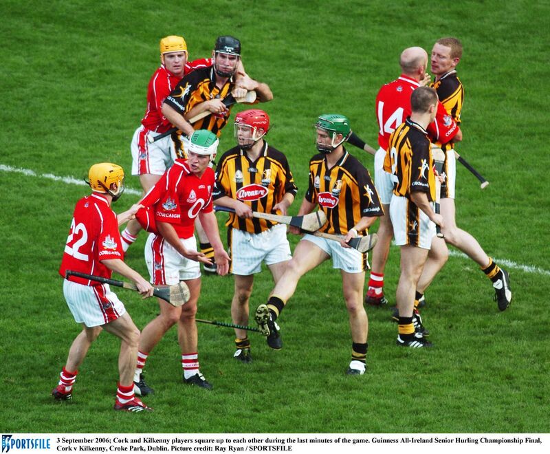 Cork and Kilkenny players square up to each other during the last minutes of the 2006 All-Ireland hurling final at Croke Park. Picture: Ray Ryan/SPORTSFILE